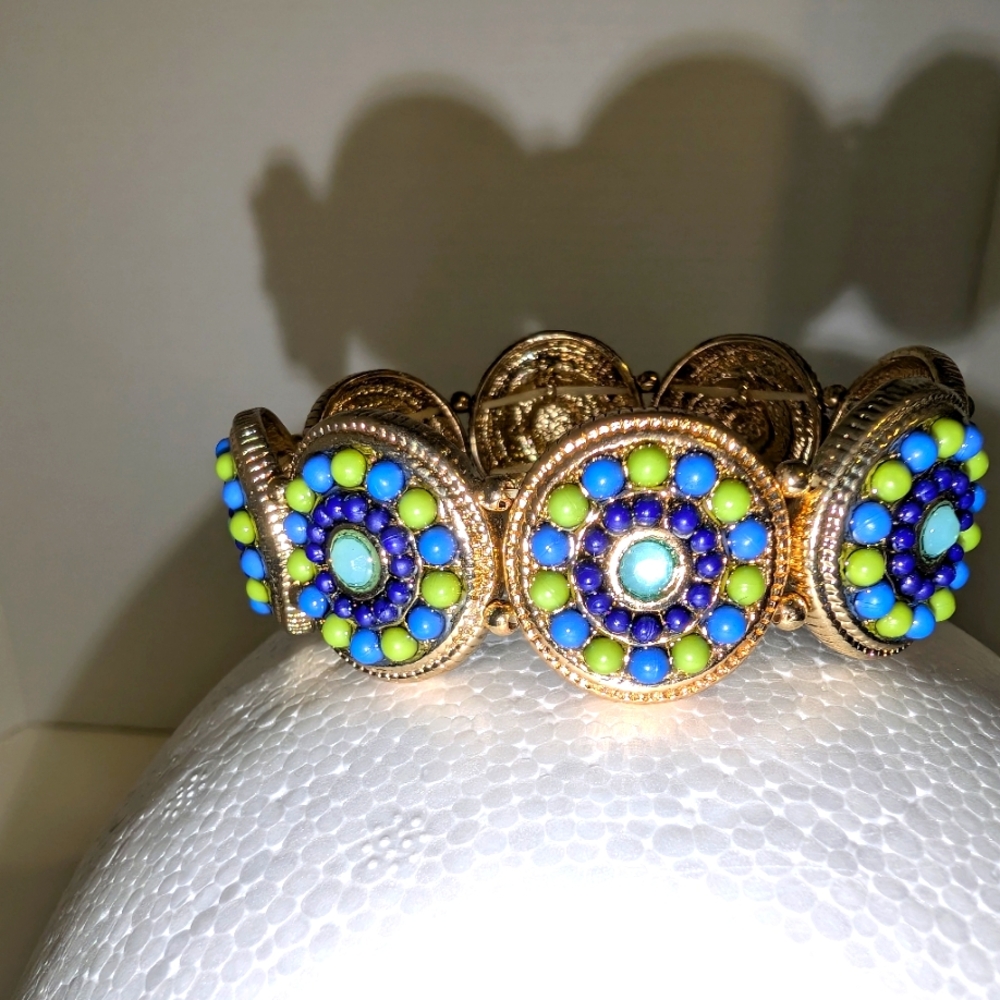 Gold Tone Stretch Bracelet with Blue and Green Tone Beading‎